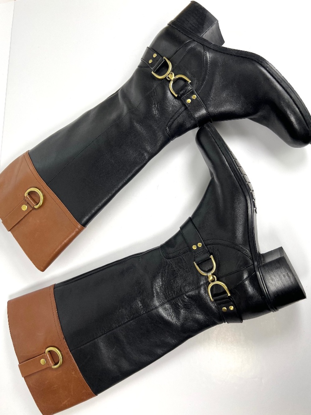 Bandalino Leather Equestrian Metal Buckle Riding Boot 7.0 Black Brown Two Tone